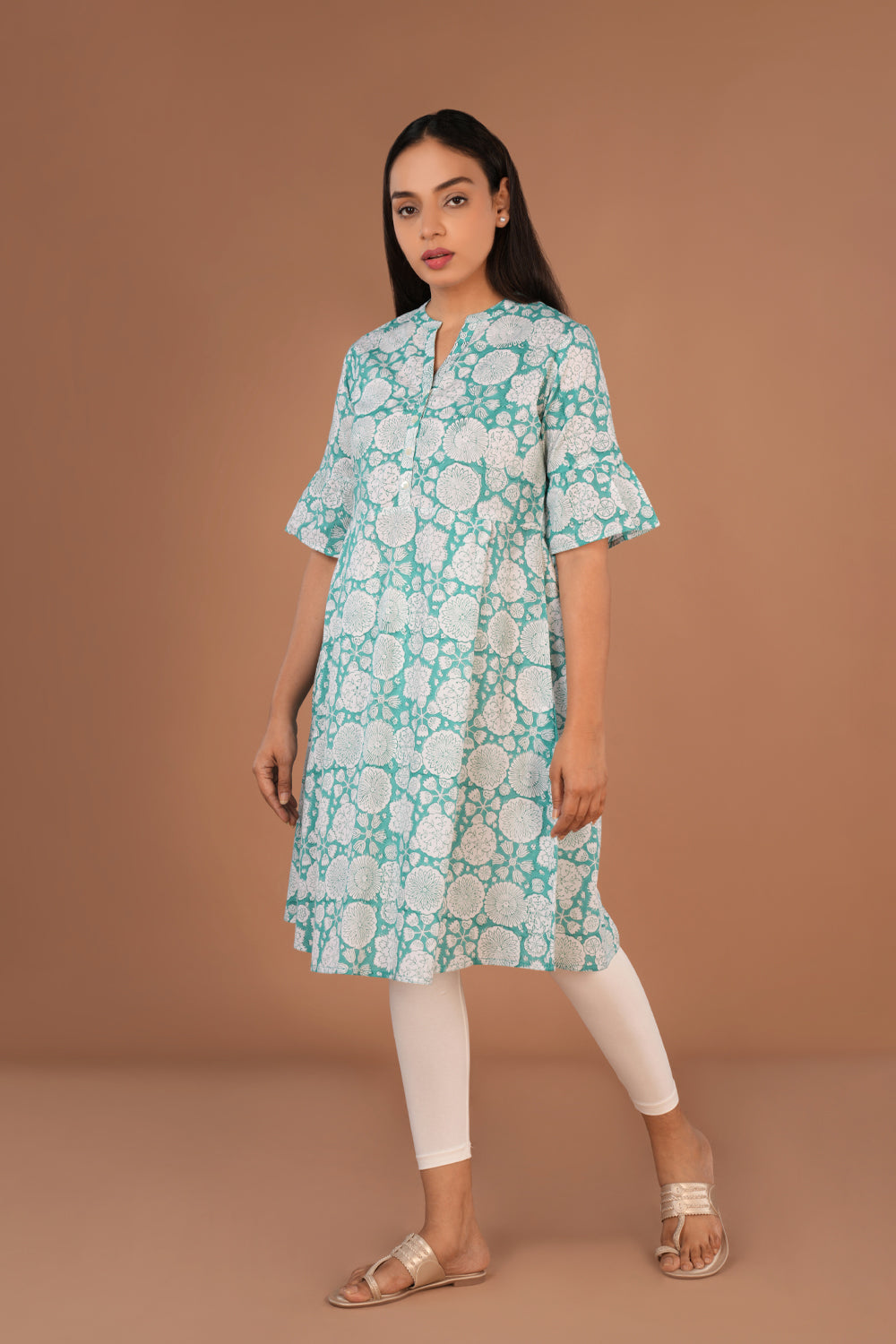 Image of Sea Green Sanganeri hand block printed cotton long Kurti